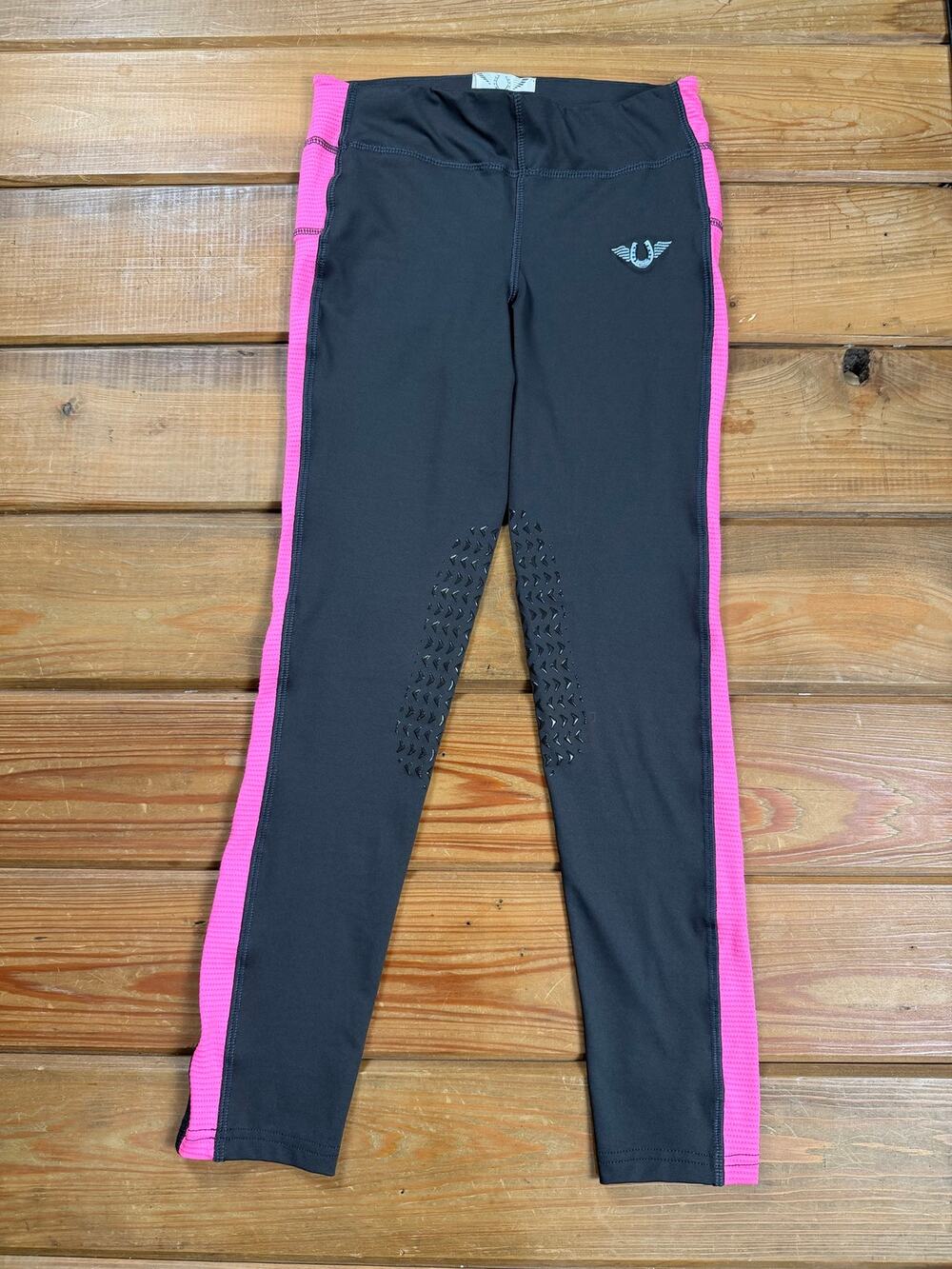 TuffRider Girls Riding Breeches Sz Large Gray Pink Silicone Knee Grip Equestrian